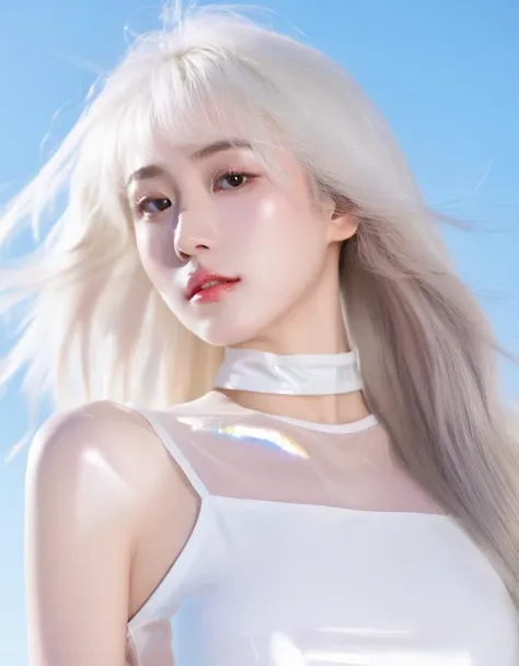 woman,moyou, solo, brown hair, brown eyes, long white hair, Beautiful Chinese Women, She has exquisite facial features and delicate skin, Rich and realistic skin texture (latex cropped top) bright glass city, prismatic, crystalized, sunlight, clear blue sky, ((gorgeous face))
