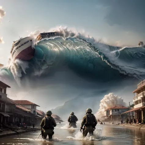 cinematic film still Best Quality,realistic,Tsunami floods city,Female soldiers wearing mechas fly in the air,Cruise ship washed into city by tsunami,<lora:xl_real_beta1:1>, . shallow depth of field, vignette, highly detailed, high budget, bokeh, cinemascope, moody, epic, gorgeous, film grain, grainy