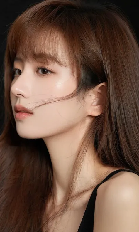 woman,moyou, solo, brown hair, brown eyes, looking at viewer, long hair, black background, simple background, upper body, lips, sleeveless, bangs, from side, shirt, nose, Beautiful Chinese Women, She has exquisite facial features and delicate skin, Rich and realistic skin texture