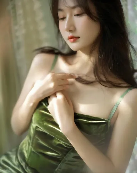 woman,moyou, breasts, solo, cleavage, head out of frame, lips, medium breasts, hand on own chest, blurry, collarbone, long hair, bare shoulders, This is a close-up of a beautiful Chinese woman's body, her fingertips gently touching her charming chest, and the green suspender skirt reveals her delicate and fragrant shoulders, A Beautiful Chinese Woman