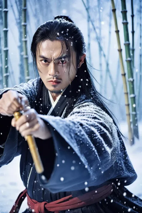 <lora:Director Zhang Yimou style:1>Director Zhang Yimou style - Face shotï¼Front viewï¼Snowflakes are flying in the air, a handsome Chinese young man with long black hair, wearing exquisite Hanfu, practicing martial arts in the bamboo forest, holding exquisite weapons, the movie Crouching Tiger, panorama, film lighting style, the men's sword dance is a martial arts style fight, highly detailed, dynamic, cinematic, amazing, realistic light and shadow, dramatic, 35mm lens, Realistic photo style like movie, 8K HD