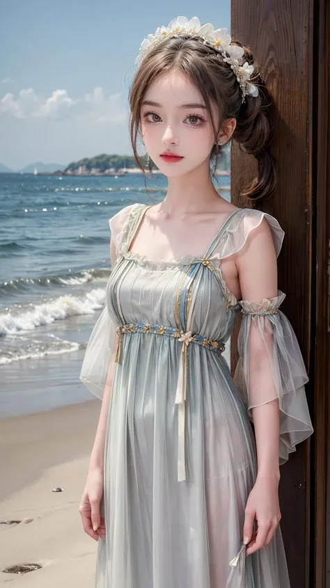 best quality,[masterpiece],((beautiful:0.75) cute girl:0.75),Professional,photo_(medium),ultra-fine painting,1girl,(mid hair:1.4),(front:1.3),(standing:1.3),seaside background,mid shot,waves,upper body, 
<lora:add_detail:1>,<lora:Sweet girl clothes_20230820160233:0.75>, Sweet girl clothes10,korean dress,
