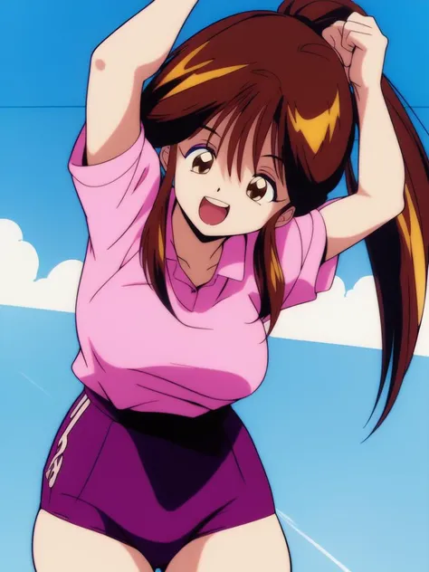 <lora:Kawai_Iyona:1>,Iyona, 1girl, solo, retro artstyle, 1990s (style), open mouth, heart, brown hair, long hair, arm up, short sleeves, shirt, buruma, high ponytail, blue buruma, smile, clenched hands, ponytail, pink shirt,
gym, large_breasts,
masterpiece, high quality, very_high_resolution, large_filesize, full color,