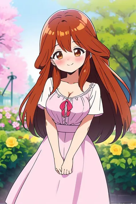 masterpiece, best quality,1girl,ultra detail, iyona, <lora:Kawai_Iyona:0.7>blush,middle breasts,cleavage,white blouse,long skirt,smile,flower garden