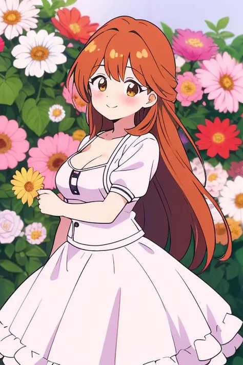 masterpiece, best quality,1girl,ultra detail, iyona, <lora:Kawai_Iyona:0.7>blush,middle breasts,cleavage,white blouse,long skirt,smile,flower garden