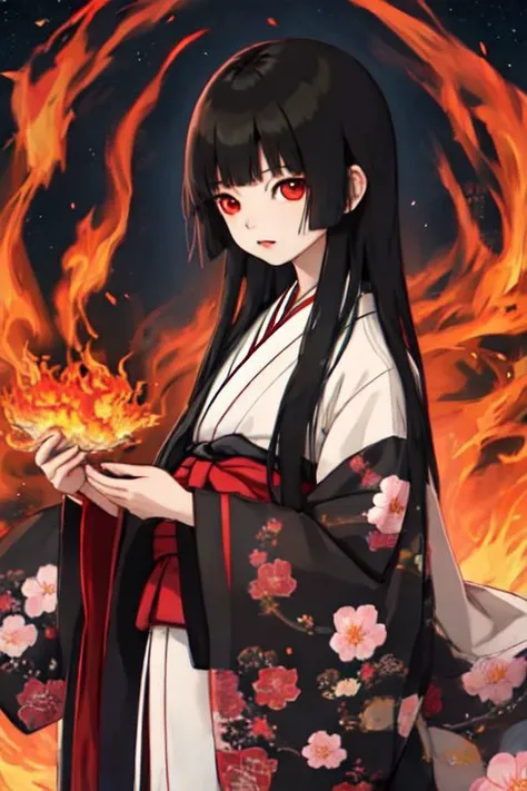 enma_ai, girl1, bangs, black hair, long hair, kimono sakura, fire, village japanese, night