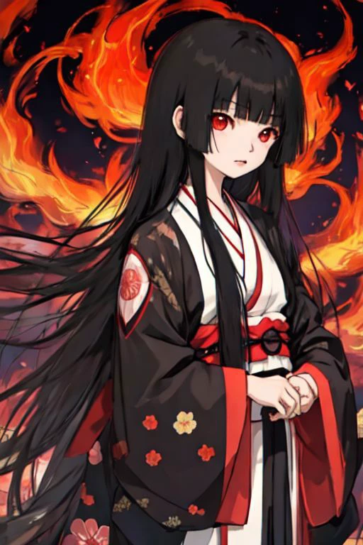 enma_ai, girl1, bangs, black hair, long hair, kimono sakura, fire, village japanese, night