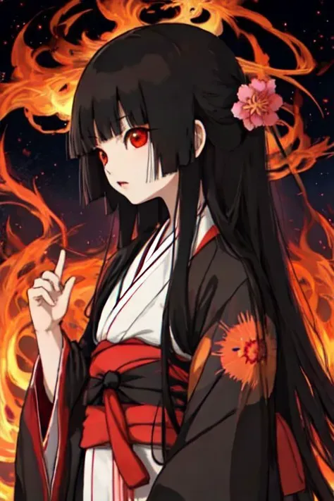 enma_ai, girl1, bangs, black hair, long hair, kimono sakura, fire hell, night