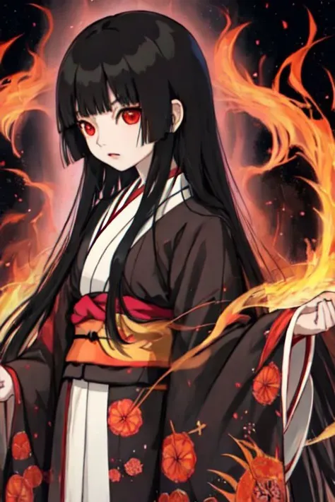 enma_ai, girl1, bangs, black hair, long hair, kimono sakura, fire hell, night