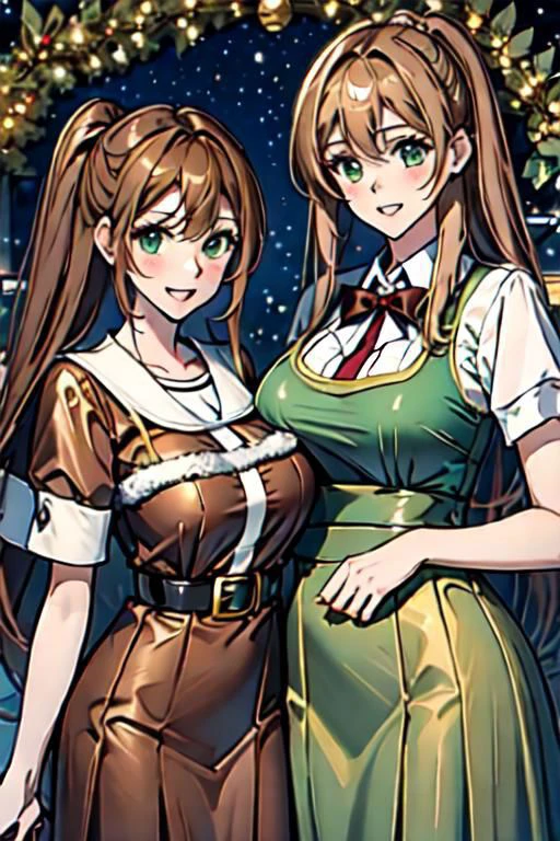 (masterpiece) (high quality) A realistic illustration of 2 Santa cute sexy nurses girls, with an awesome santa christmas dress,one is with blonde very long hair and light green eyes, and the other girl is very long brown hair and dark brown eyes, they smilings at you, and a dreaming night christmas background (insanely detailed)
