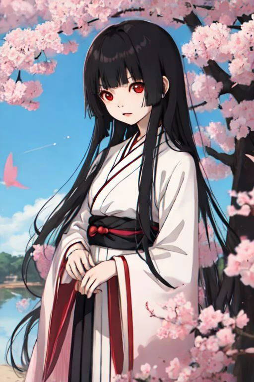 enma_ai, girl1, bangs, black hair, long hair, kimono obi sakura, heaven garden, happy