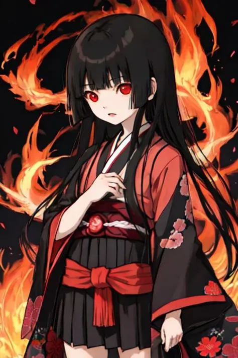 enma_ai, girl1, bangs, black hair, long hair, kimono sakura, fire hell, village japanese, night