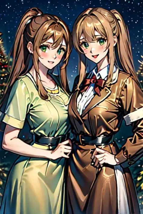 (masterpiece) (high quality) A realistic illustration of 2 Santa cute sexy nurses girls, with an awesome santa christmas dress,one is with blonde very long hair and light green eyes, and the other girl is very long brown hair and dark brown eyes, they smilings at you, and a dreaming night christmas background (insanely detailed)