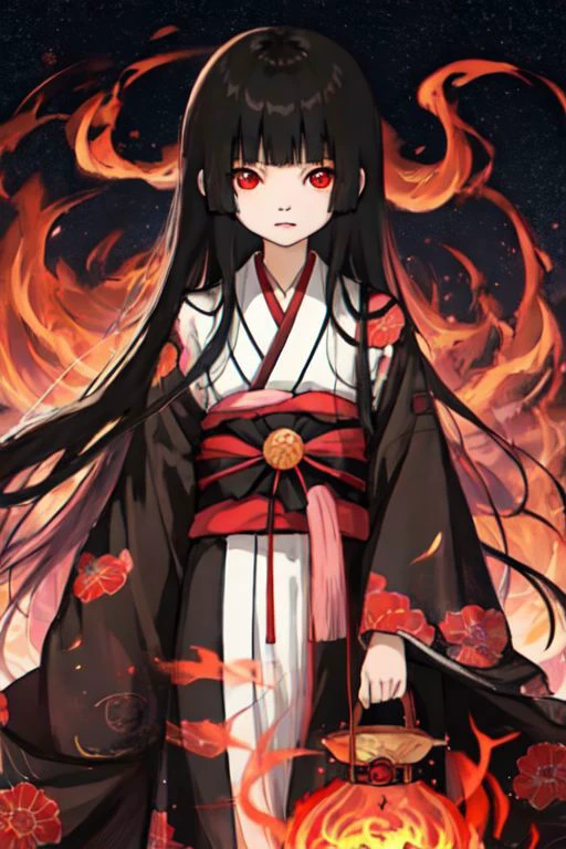 enma_ai, girl1, bangs, black hair, long hair, kimono sakura, fire hell, night