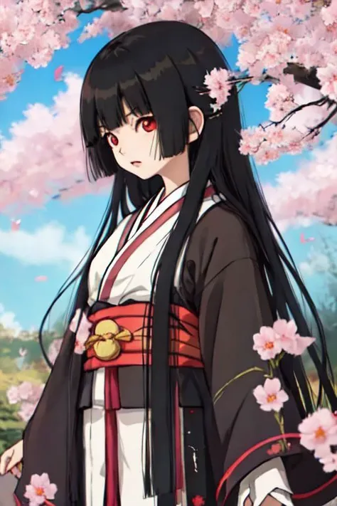 enma_ai, girl1, bangs, black hair, long hair, kimono obi sakura, heaven garden, happy