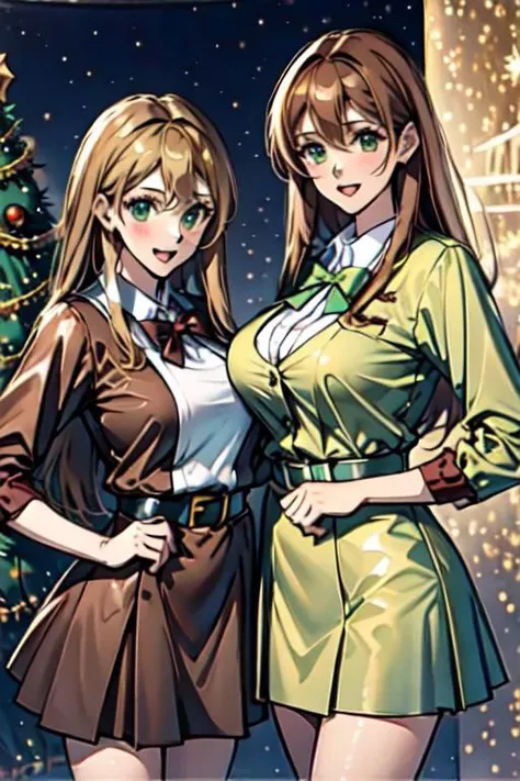 (masterpiece) (high quality) A realistic illustration of 2 Santa cute sexy nurses girls, with an awesome santa christmas dress,one is with blonde very long hair and light green eyes, and the other girl is very long brown hair and dark brown eyes, they smilings at you, and a dreaming night christmas background (insanely detailed)