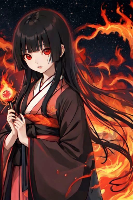 enma_ai, girl1, bangs, black hair, long hair, kimono sakura, fire, village japanese, night