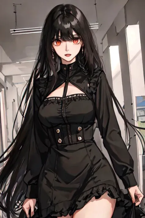 or Briar, girl1, bangs, black hair, long hair, hair down, eyes red, dress, clothes black, fashion