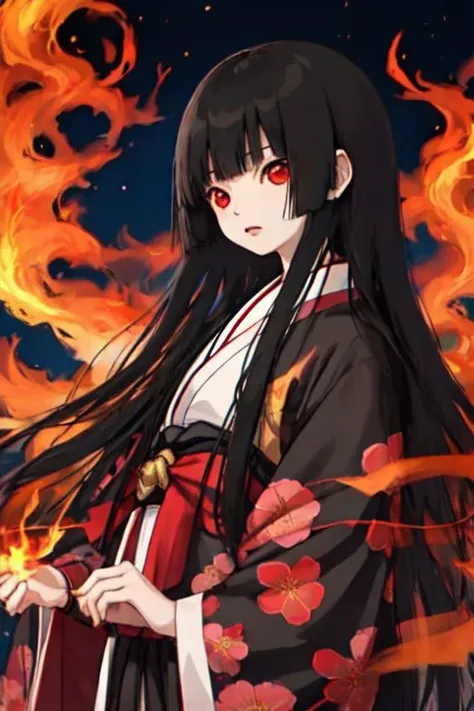 enma_ai, girl1, bangs, black hair, long hair, kimono sakura, fire hell, village japanese, night