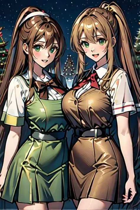 (masterpiece) (high quality) A realistic illustration of 2 Santa cute sexy nurses girls, with an awesome santa christmas dress,one is with blonde very long hair and light green eyes, and the other girl is very long brown hair and dark brown eyes, they smilings at you, and a dreaming night christmas background (insanely detailed)