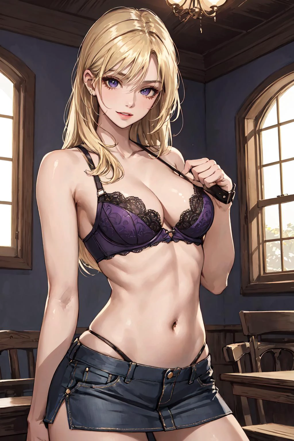 cleavage,open shirt,mini skirt,blonde hair,long hair,purple eyes,slender,seductive smile,indoors,transparent lace bra,thong,crowd,bondage,, masterpiece,best quality,extremely detailed CG unity 8k wallpaper,detailed light,finely detail,Professional,Amazing,extremely detailed CG,extremely detailed eyes and face,beautiful detailed glow,beautiful detailed girl,photorealistic, absurdres,1girl,small breasts,skinny,(abs:0.8),seductive,curvey body,sensuality,provocative pose,teasing,revealing skin,crotch,thong,natural skin,textured skin,stunningly beautiful,perfect face,