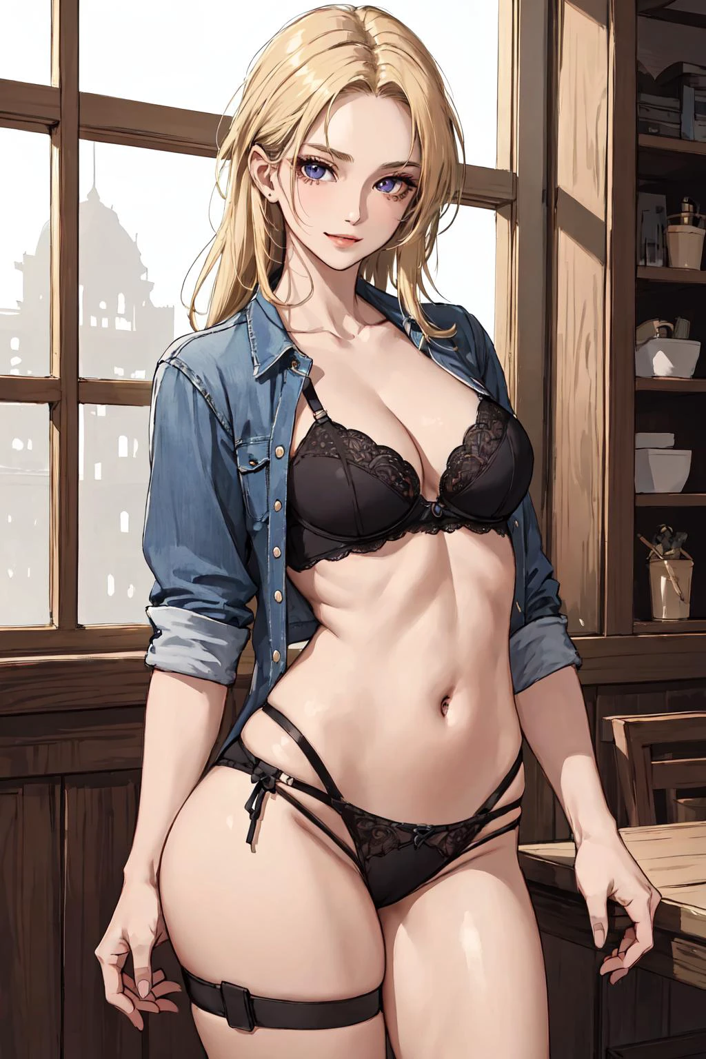 cleavage,open shirt,mini skirt,blonde hair,long hair,purple eyes,slender,seductive smile,indoors,transparent lace bra,thong,crowd,bondage,, masterpiece,best quality,extremely detailed CG unity 8k wallpaper,detailed light,finely detail,Professional,Amazing,extremely detailed CG,extremely detailed eyes and face,beautiful detailed glow,beautiful detailed girl,photorealistic, absurdres,1girl,small breasts,skinny,(abs:0.8),seductive,curvey body,sensuality,provocative pose,teasing,revealing skin,crotch,thong,natural skin,textured skin,stunningly beautiful,perfect face,