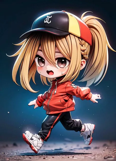 (chibi:1.4), masterpiece, best quality, original, official art, cool, (full body:1.8),
insanely detailed, absurdres, ultra-highres, ultra-detailed, masterpiece, best quality, Beautiful Lighting,
<lora:HanJia-10:0.7> Han Jia,
1girl, solo, brown eyes, long hair, ponytail,
(multicolored hair, two-tone hair, blonde hair, brown hair:1.6),
open mouth, portrait, black headwear, hat, baseball cap, sweat, hair between eyes, sweatdrop, red jacket, black pants,
running in the park in summer
<lora:GoodHands-beta2:1>, cartoon rendering, <lora:more_details:0.32>