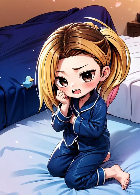(chibi:1.4), masterpiece, best quality, original, official art, cool, (full body:1.8),
insanely detailed, absurdres, ultra-highres, ultra-detailed, masterpiece, best quality, Beautiful Lighting,
<lora:HanJia:0.7> Han Jia,
1girl, solo, brown eyes, long hair, ponytail,
(multicolored hair, two-tone hair, blonde hair, brown hair:1.6),
pink hair rubber band, (bird's-eye view:1.3),
Embarrassed, embarrassed, embarrassed, excited, blush, @_@, open mouth, hands on own face,
(Navy Blue pajamas, long sleeves, Navy Blue shirt, Navy Blue pants:1.2), barefoot,
Lying on the bed in the bedroom, ,
indoors, on bed, sidelocks,
<lora:GoodHands-vanilla:1>, cartoon rendering, <lora:more_details:0.32>