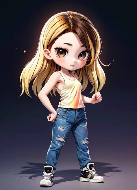 (chibi:1.4), masterpiece, best quality, original, official art, cool, (full body:1.8),
insanely detailed, absurdres, ultra-highres, ultra-detailed, Beautiful Lighting,
<lora:HanJia:0.68>
Han Jia, 1girl, solo, brown eyes, long hair, blonde hair, shadow roots,
(multicolored hair, two-tone hair, blonde hair, brown hair:1.6),
One hand on the waist, dynamic pose,
tank top, denim, pants, shirt, collarbone, jeans, white shirt, white tank top,
<lora:GoodHands-vanilla:1>, cartoon rendering, <lora:more_details:0.5>