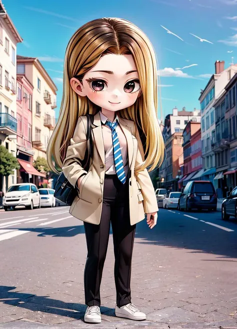(chibi:1.4), masterpiece, best quality, original, official art, cool, (full body:1.8),
insanely detailed, absurdres, ultra-highres, ultra-detailed, masterpiece, best quality, Beautiful Lighting,
<lora:HanJia:0.75> Han Jia,
(1girl, solo:1.8), brown eyes, long hair,
(multicolored hair, two-tone hair, blonde hair, brown hair:1.6),
brown small shoulder bag, suit, office lady, formal, pants, day, business suit, outdoors, solo focus, shirt, clenched hands, sky, smile, bag, necktie, building, jacket, blue sky, black pants, white shirt, in city,
<lora:GoodHands-beta2:1>, cartoon rendering, <lora:more_details:0.32> <lora:hairdetailer:0.48>