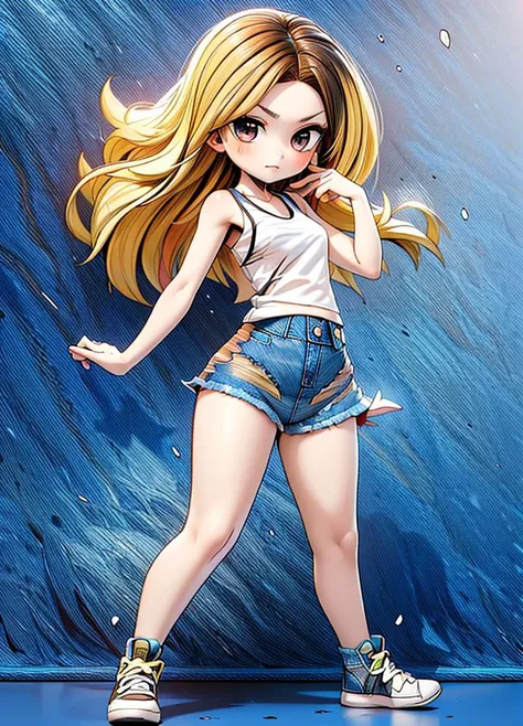 (chibi:1.4), masterpiece, best quality, original, official art, cool, (full body:1.8),
insanely detailed, absurdres, ultra-highres, ultra-detailed, Beautiful Lighting,
<lora:HanJia:0.7>
Han Jia, 1girl, solo, brown eyes, long hair, blonde hair, shadow roots,
(multicolored hair, two-tone hair,  blonde hair, brown hair:1.6),
(One hand on the waist:1.2), dynamic pose,
tank top, (bare legs:1.3),( jean shorts , denim short:1.9) , shirt, collarbone,  white shirt, white tank top,casual shoes,
<lora:GoodHands-vanilla:1>, cartoon rendering, <lora:more_details:0.5>
 <lora:hairdetailer:0.5>
