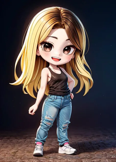 (chibi:1.4), masterpiece, best quality, original, official art, cool, (full body:1.8),
insanely detailed, absurdres, ultra-highres, ultra-detailed, Beautiful Lighting,
<lora:HanJia:0.68>
Han Jia, 1girl, solo, brown eyes, long hair, blonde hair, shadow roots,
(multicolored hair, two-tone hair, blonde hair, brown hair:1.6),
One hand on the waist, dynamic pose, smile, teeth, open mouth,
tank top, short denim, pants, shirt, collarbone, short jeans, white shirt, white tank top,
<lora:GoodHands-vanilla:1>, cartoon rendering, <lora:more_details:0.5>