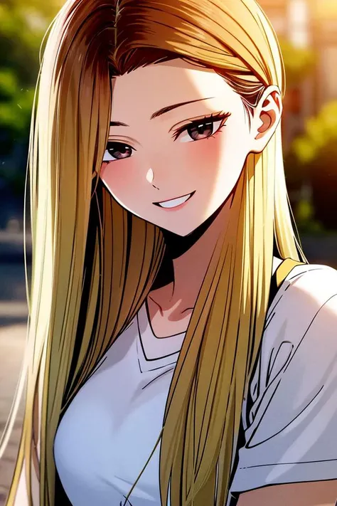 masterpiece, (best quality), 1woman,1girl , han jia, long hair, blonde hair, brown eyes, shirt, short sleeves, shorts, japanese , sexy woman, adult, smile, vibrant colors ,,natural lighting ,RTX, , beautiful, (detailed face:1.2), showcase, (perfect eyes:1.1) ,(photorealistic:1.1), 8k uhd, looking at viewer, outdoors, simple backround