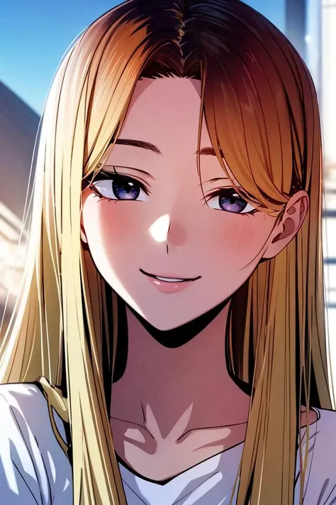 masterpiece, (best quality), 1woman,1girl , han jia, long hair, blonde hair, brown eyes, shirt, short sleeves, shorts, japanese , sexy woman, adult, smile, vibrant colors ,,natural lighting ,RTX, , beautiful, (detailed face:1.2), showcase, (perfect eyes:1.1) ,(photorealistic:1.1), 8k uhd, looking at viewer, outdoors, simple backround