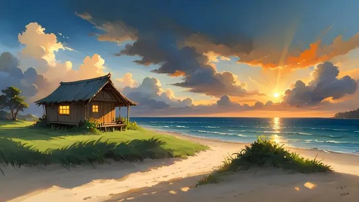 Impressionist painting wolf, blurry_foreground, bush, high_grass, night, studio_ghibli, beach, bikini, sunlight, sea, hut, sunset,, Eye-catching sunset <lora:sunsetSlider:2> style of Asher Brown Durand, landscape, amazing, breathtaking, volumetric clouds, <lora:Not-Midjourney-V3-SDXL:1.0> , waves, <lora:LCMTurboMix_LCM_Sampler:1>, . Loose brushwork, vibrant color, light and shadow play, captures feeling over form