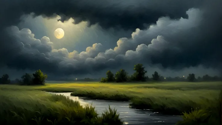 Impressionist painting wolf, blurry_foreground, bush, high_grass, night, heavy clouds, moon, moonshine, style of Asher Brown Durand, landscape, amazing, breathtaking, volumetric clouds, <lora:Not-Midjourney-V3-SDXL:1.0> , rain, storm,lightning, waves, <lora:LCMTurboMix_LCM_Sampler:1>, . Loose brushwork, vibrant color, light and shadow play, captures feeling over form