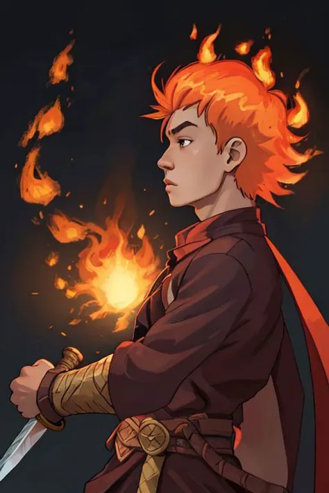 human boy have fire hair and hands dark long sword