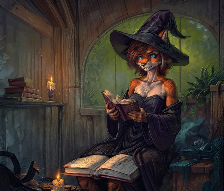 Generate [bichu] [greg rutkowski] by (Simon Bisley) detailed (full shot:1.5),intricate,oil on canvas,dry brush illustration of youthfull [1girl:1.5] [solo:1.5],fox,female,adult,(red and orange fur, thick fur:1.3,<lora:hairdetailer:0.8>),muscular,lean build,fluffy tail:1.3,blue eyes,fox snout,canine teeth,fangs,. She is (sad:1.2) (witch) wearing (dark robe) with exposed shoulders and (pointy hat) in her (herbalist hut) reading old dusty tome with her (pet cat) sitting next to her.Sourrounded by [Clutter-Home:1],books and scrolls,herbs and alchemical ingredients and and [skull with a candle].,<lora:more_details:0.5>,<lora:add_detail:0.5>,<lora:methurlant:0.5>,<lora:RAL:0.5>,<lora:bichu-v0612:0.5>,<lora:Gloomifier_slider_LECO_500w:0.5>,<lora:hairdetailer:0.7>,<lyco:locon_perfecteyes_v1_from_v1_64_32:1>,<lora:HairOverOneEye_LOCO_s:2>,