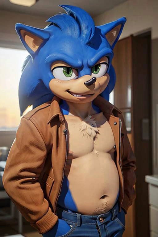 (Ugly Sonic:1.25), anthro, short, solo, blue hair, green eyes, (small eyes:1.1), male, large animal nose, blue fur, penny loafers, pot belly, middle-aged, corduroy jacket, orange topwear, extreme detail, masculine, older, 3d, cgi, chest tuft, sunglasses on forehead, no humans, smile, teeth, hyperrealistic