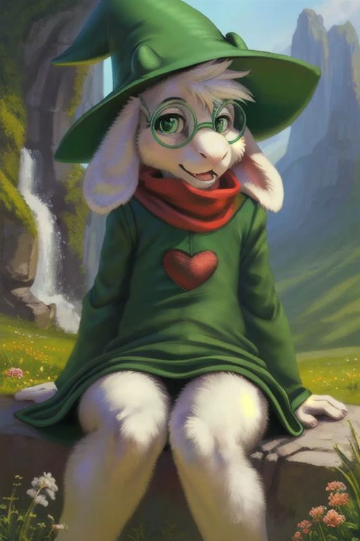 uploaded on e621, (cartoon detailed perfect green eyes), by Sabretoothed Ermine, by Supplesee, (fluffy), solo, , (goat), (((white fur))), (red scarf, green robe, green glasses), ((Ralsei)), cartoon, anthro, white hair, (soft shading), cyborg, saber into arms, implants, steel hand, 4k, hi res, five fingers, paws, detailed hands, ((detailed face)), face portrait, sitting, (hanging goat ears), masterpiece, landscape, portrait, detailed background, realistic, masterpiece, highest quality