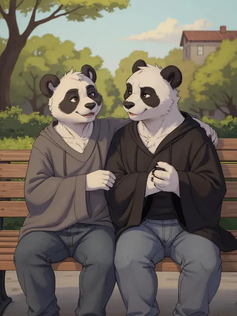 two furry panda male chatting with each other, (black ears:1.1), grey robe, baggy clothes, jeans, outdoors, bench
