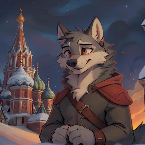 anthro, Furry grey male wolf, kremlin, Saint Basil's Cathedral, Russian, Snow, snowing, wearing long coat, wearing a ushanka , evening time, grim expression, <lora:fluffyrock-quality-tags-v2.1.1-vpred:0.8> best quality, high quality, by_schmutzo, by schmutzo, art by schmutzo, schmutzo, by_samur_shalem, by samur shalem, samur shalem, art by samur shalem,  detailed eyes, correct eyes,