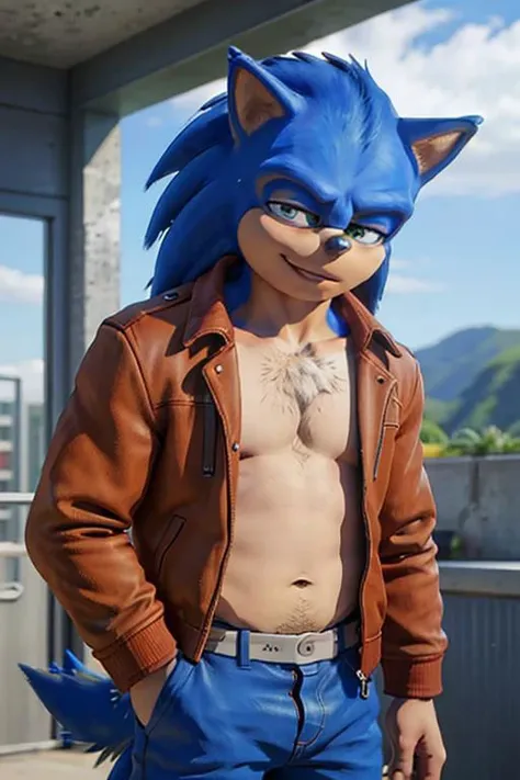 (Ugly Sonic:1.4), anthro, short, solo, blue hair, green eyes, (tiny eyes:1.2), squint, male, large animal nose, blue fur, penny loafers, pot belly, middle-aged, corduroy jacket, orange topwear, extreme detail, masculine, older, 3d, cgi, chest tuft, sunglasses on forehead, no humans, smile, teeth, hyperrealistic