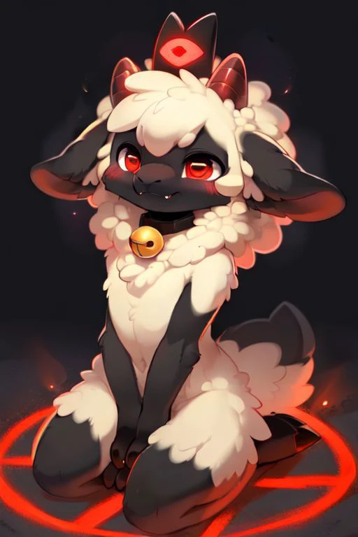 wildlife photography, depth of field, (((Nighttime))),
female anthro sheep, sheep girl, cute-fine-face, ultra cute face, cute, flat chest, small breasts, detailed and fluffy body fur, toned body, fangs,
glossy black skin, shiny white wool, glossy black fur,
((reflective eyes)), expressive eyes, detailed big hands, symmetric body, symmetric face,
red crown, golden bell collar, detailed red cape, (horizontal pupils), red eyes, glossy black horns, glossy wool,
((breast wool)), furry crotch, leg wool, arm wool, hair over eye,
kneeling on (pentagram), ((praying, half closed eyes)), smirk, (angry eyes), three quarter view, (low angle:0.5), glowing body, fissures on ground,
uploaded on e621, by dagasi, by loimu, by hioshiru, (by silverfox5213:0.5), (by darkgem:0.5), (by carrot:0.4),
<lora:FurryCore:0.5>,
<lora:faputa:0.3>, fapuclaws, fapuhooves,
<lora:cultofthelamb:0.9>,
dark nighttime forest, midnight, nightmare,
detailed background, Ray tracing, concept art, highly detailed, ((masterpiece)), ((best quality)) cinematic composition, ultra realistic, (high detail:1.3), sharp focus,