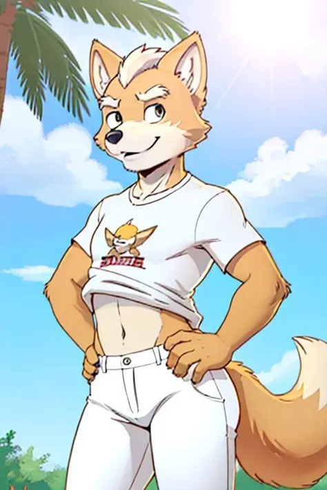 Fox McCloud, solo, plain white t-shirt and white pants, hands on hips, tilted hips, navel, carefree, happy, gleeful, outdoors, sunshine, side view, cute butt