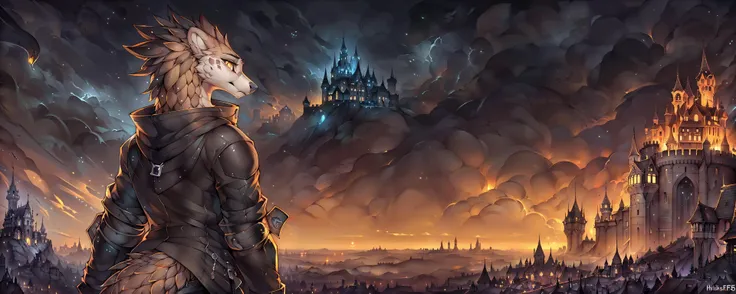 (detailed, furry), (anthro male(pangolin)), scales, (ash-colored skin with black and white tones:1.2), (yellow eyes gleaming with intensity), (flashy clothes adorned with jewels), (grimdark atmosphere enveloping the scene), (ominous castle in the background shrouded in darkness:1.3), (standing tall, exuding power and dominance), (imposing stature filling the frame), a sense of mystery lingers in the air as he gazes into eternity, (by F-R95|by Hioshiru|by einshelm), (no emotion, rain, longing, despair, sadness)