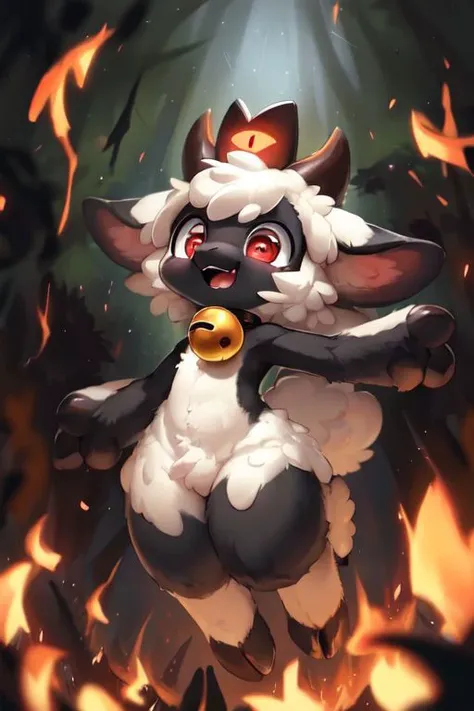 female anthro sheep, sheep girl, cute-fine-face, ultra cute face, cute, flat chest, small breasts, detailed and extremely fluffy body fur, toned body,
glossy black skin, shiny white wool, glossy black fur,
((floating)), in the air, triumphant pose, ((reflective eyes)), expressive eyes, detailed big hands,
red crown, golden bell collar, detailed red cape, (horizontal pupils), red eyes, glossy black horns, glossy wool,
(breast wool), furry crotch, leg wool, arm wool,
evil laugh, triumphant pose, open mouth, flirty, fangs, tongue,
low angle, depth of field, three-quarter view,
uploaded on e621, by dagasi, by loimu, by hioshiru, by silverfox5213, by darkgem, (by carrot:0.4),
<lora:FurryCore:0.5>,
<lora:faputa:0.6>,fapuclaws, fapuhooves,
<lora:cultofthelamb:0.8>,
dark background, dark forest, midnight, cosmos,
detailed background, Ray tracing, concept art, highly detailed, ((masterpiece)), ((best quality)) cinematic composition, ultra realistic, (high detail:1.3), sharp focus,