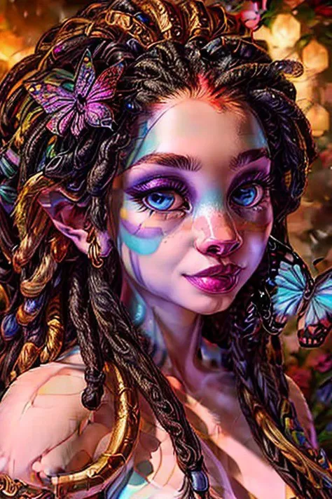 Beautiful stunning colorful steampunk girl surrounded by flowers, butterflies, bubbles, bright colors, close-up, ultra-detailed, studio photography, complex details, highly detailed girl with a digital design of the whole body, imaginary creature, sculptural face, hairstyle made of transparent colored fiberglass in the form of dreadlocks, lighting: three-dimensional and on the edge of the frame.
Highly detailed extremely detailed photorealistic 8k recording, very attractive, beautiful, award-winning, clear HDR recording