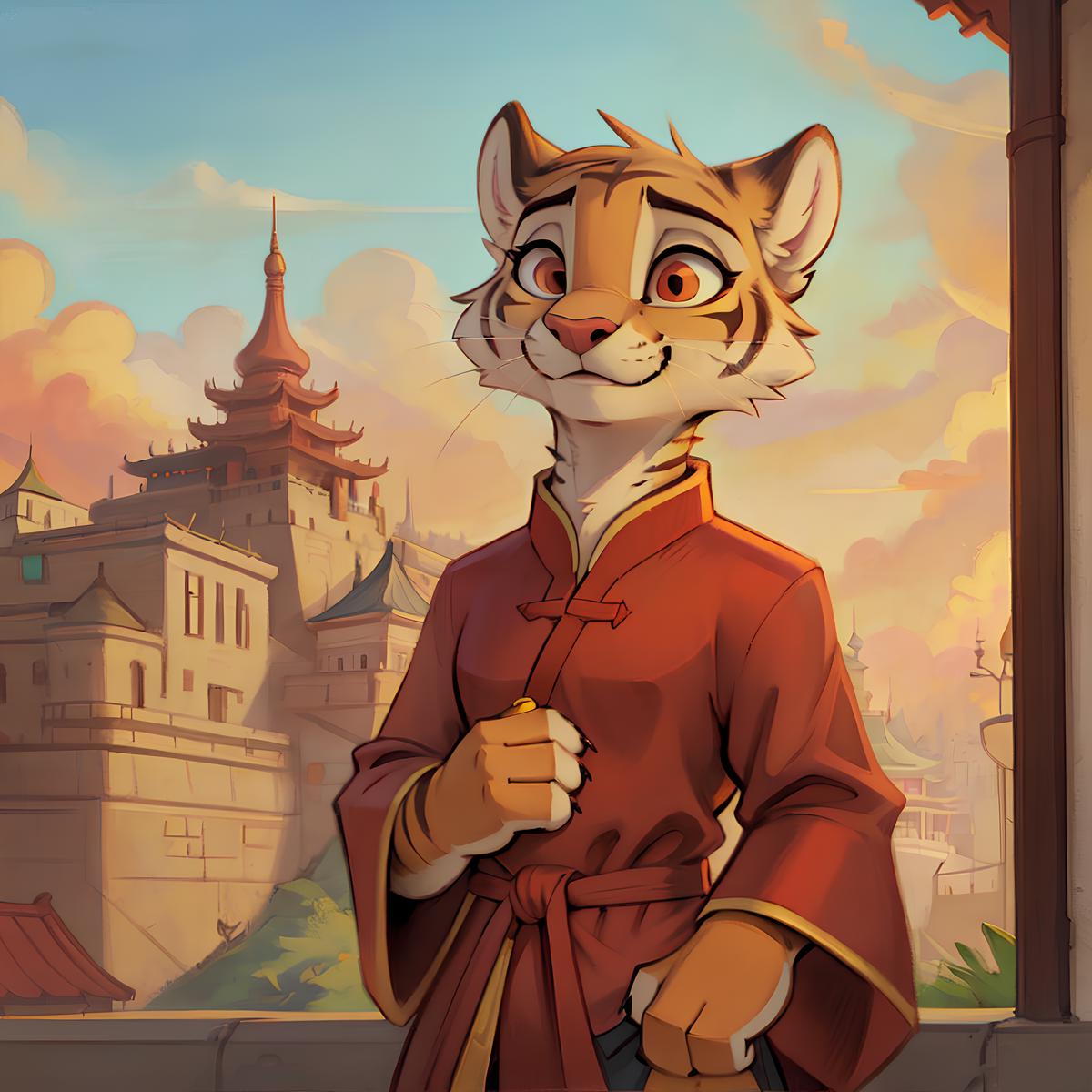 A close up of a cartoon tiger in a red robe - SeaArt AI
