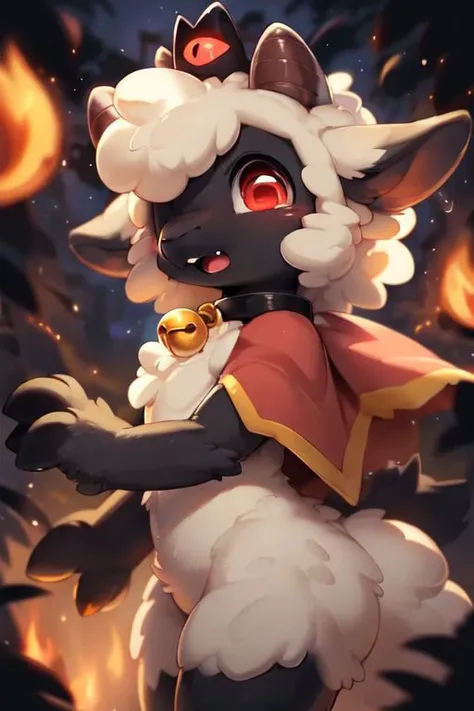 wildlife photography, depth of field, (((Nighttime))),
female anthro sheep, sheep girl, cute-fine-face, ultra cute face, cute, flat chest, small breasts, detailed and fluffy body fur, toned body, fangs,
glossy black skin, shiny white wool, glossy black fur,
((reflective eyes)), expressive eyes, detailed big hands, symmetric body, symmetric face,
red crown, golden bell collar, detailed red cape, (horizontal pupils), red eyes, glossy black horns, glossy wool,
((breast wool)), furry crotch, leg wool, arm wool, hair over eye,
jumping surprised, side view, close-up, sharp teeth, wind, flailing arms,
uploaded on e621, by dagasi, by loimu, by hioshiru, (by silverfox5213:0.5), (by darkgem:0.5), (by carrot:0.4),
<lora:FurryCore:0.5>,
<lora:faputa:0.3>, fapuclaws, fapuhooves,
<lora:cultofthelamb:0.9>,
dark nighttime forest, midnight, nightmare,
detailed background, Ray tracing, concept art, highly detailed, ((masterpiece)), ((best quality)) cinematic composition, ultra realistic, (high detail:1.3), sharp focus,